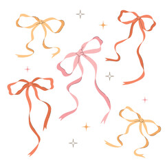Set of hand drawn pastel bows in pink, orange, and yellow colors with sparkles. Cute and elegant design for cards, gifts, stickers, and decorations.