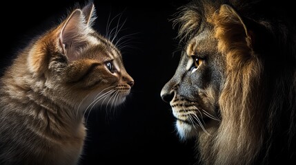 Fototapeta premium Majestic Lion and Cute Kitten Face to Face Intense Gaze Powerful Wild Cats Brown Furry Animals Dark Background Wildlife Photography Nature Closeup Portrait Beautiful Creatures art prey king free queen