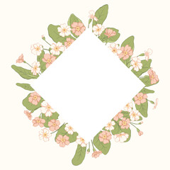 Vintage botanical diamond-shaped frame with white and pink primroses and foliage. Decorative vector wreath inspired by spring gardens for Easter, weddings and cottagecore stationery.