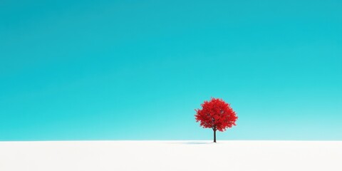 A Lonely Vibrant Red Tree Positioned Gracefully Against a Bright Cloudless Blue Sky