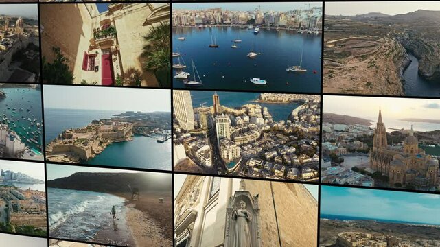 Maltese Islands and Coastal Rock Formations captured in a cinematic collage of Maltas architecture, coastlines and heritage. A dynamic visual journey through iconic landscapes and cities.