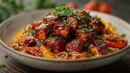 Vegan stir fried noodles vegetables and tempeh neatly presented on white ceramic plate