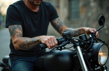 Man in black t-shirt sits on black motorbike. Biker has tattoos on arms holding handles. Urban lifestyle concept, fashion. Closeup of tattooed arms and black motorcycle details.