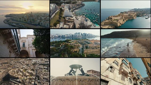 Sea Cliffs and Turquoise Bays of Malta captured in a cinematic collage of Maltas architecture, coastlines and heritage. A dynamic visual journey through iconic landscapes and cities.