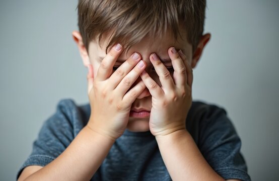Sad boy covers face. Child mental health concept, teen autism spectrum disorder awareness. World autism awareness day. Boy hiding face, expressing sadness, depression. Mental health, childhood,