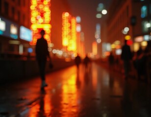 Fototapeta premium Passersby wander along a bustling street illuminated by vibrant orange lights, creating a magical atmosphere on a rainy evening. Cool reflections mark the wet pavement Generative AI