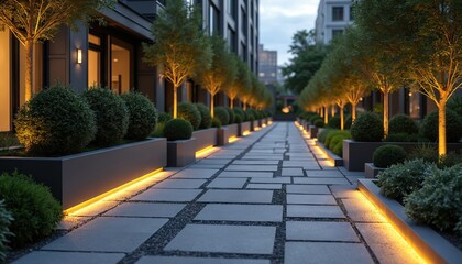 Modern city garden design. Geometric pavers, sleek steel planters with topiaries. Hidden LED path lighting along pathway. Contemporary architecture exterior, evening time, city skyline, outdoor space.
