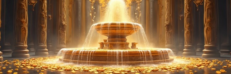 Majestic golden fountain flows with water, surrounded by gold coins. Opulence scene, light illuminates water jets, classic architecture. Wealth, treasure, dreamlike atmosphere.
