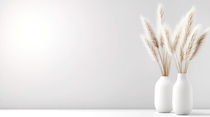 Simple, minimalist display of light beige pampas grass in elegant white vases against a clean white wall