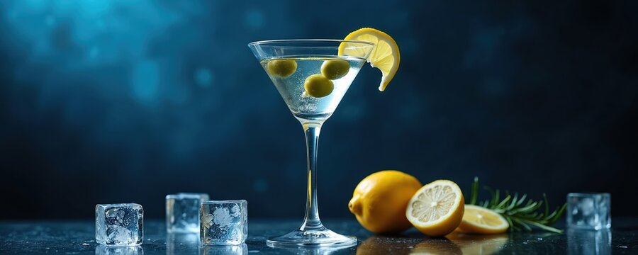 Classic martini cocktail with green olives, lemon slice garnish against dark blue background. Transparent vodka drink in crystal glass. Fresh ingredients, cold beverage for party celebration.