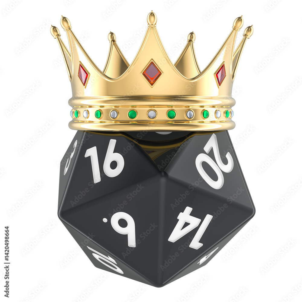 Poster twenty sided die, icosahedron dice with golden crown, 3d rendering isolated on transparent backgroun