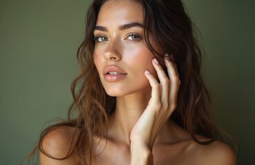 Young woman with long wet hair touching face on green background. Beauty portrait with natural skin tone. Female beauty, skin care, cosmetic, aesthetic look, fresh, health, wellness.