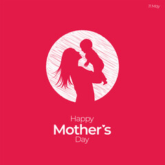 Happy Mother`s Day Banner, Post or poster, silhouette of a mother holding her son hand. Vector illustration