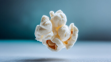 Popcorn kernel bursting in mid air, showcasing its fluffy texture and unique shape. image captures moment of transformation, evoking sense of excitement and fun