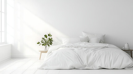 serene bedroom featuring large, fluffy white bed with multiple pillows, complemented by small green plant wooden side table. bright, airy space is illuminated by natural light streaming through