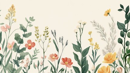 Colorful Watercolor Painting Depicting Various Floral Plants and Foliage