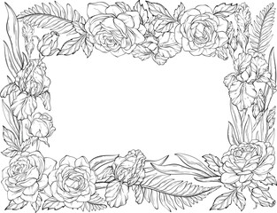 A line art vector illustration of a floral frame made of roses, irises, and leaves, elegantly arranged around a white background