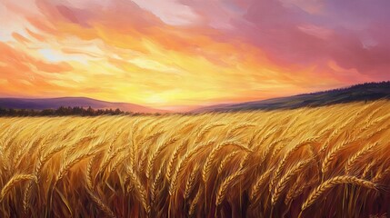 Obraz premium Golden wheat field painted under a vibrant, colorful sunset landscape