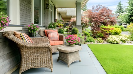 Fototapeta premium Wicker Patio Furniture on Modern Porch with Lush Landscaping