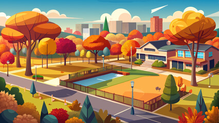 Panoramic view of a suburban park in Werribee, Melbourne, Australia with autumn foliage, a public basketball court, green open lawns, and pedestrian pathways