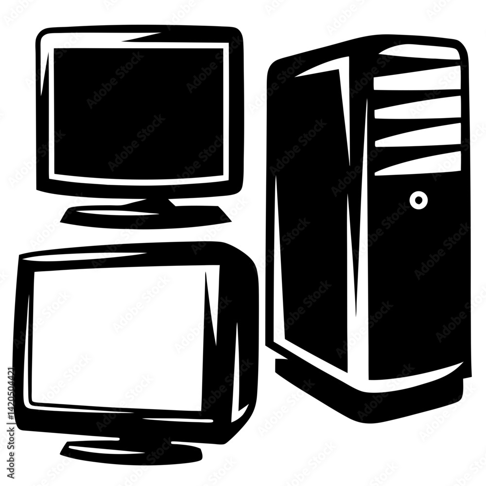 Poster stylized computer setup with tower and monitors in black and white