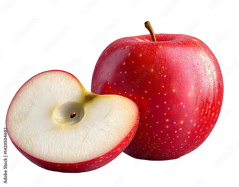 Poster apple isolated png. red apple and a slice on transparent background. png format. red apples with no 