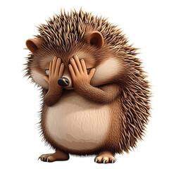 Cartoon hedgehog covering eyes with hands, expressing sadness or shame on transparent background Concept of emotion, disappointment, and negative feelings
