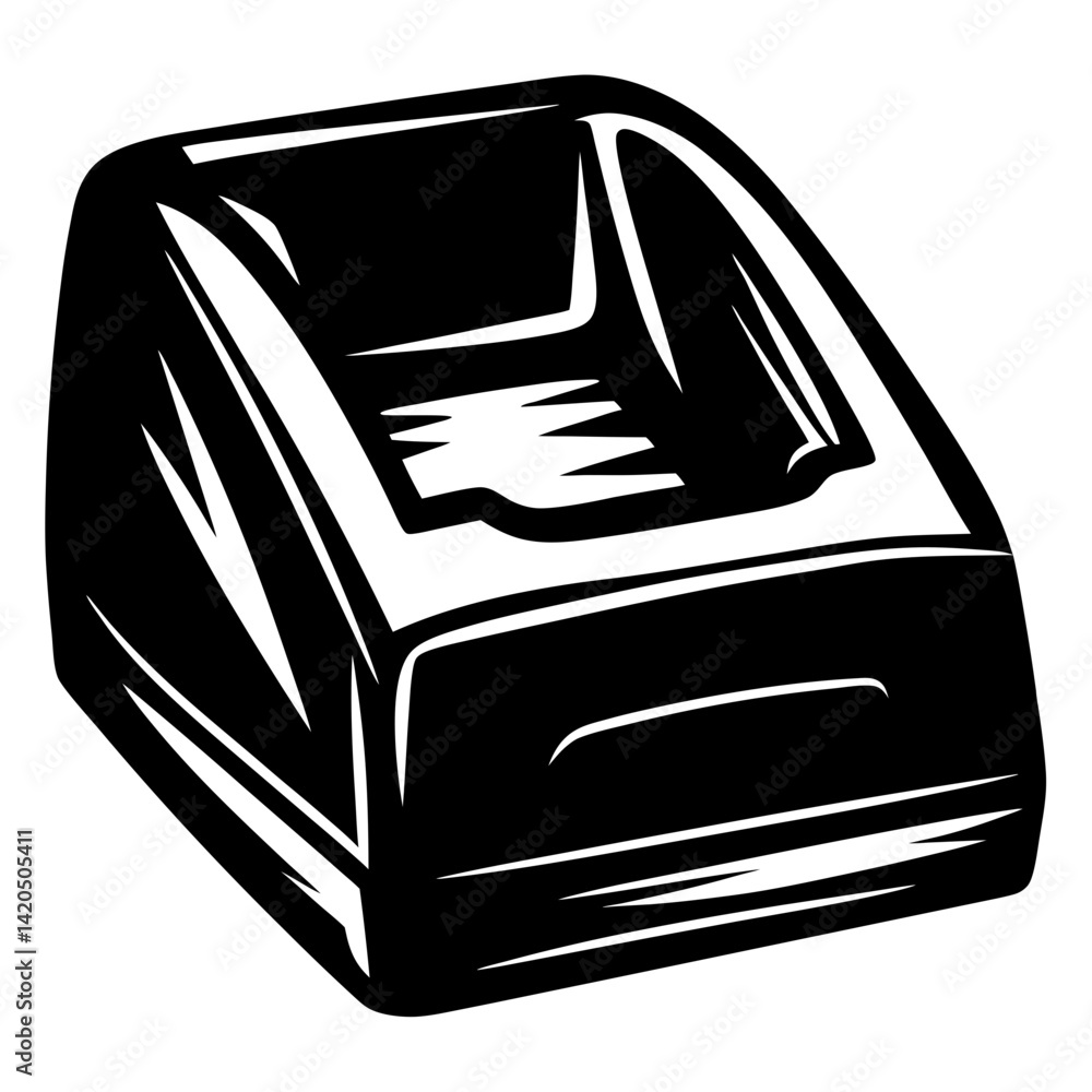 Poster bold black and white illustration of a rectangular container or open box