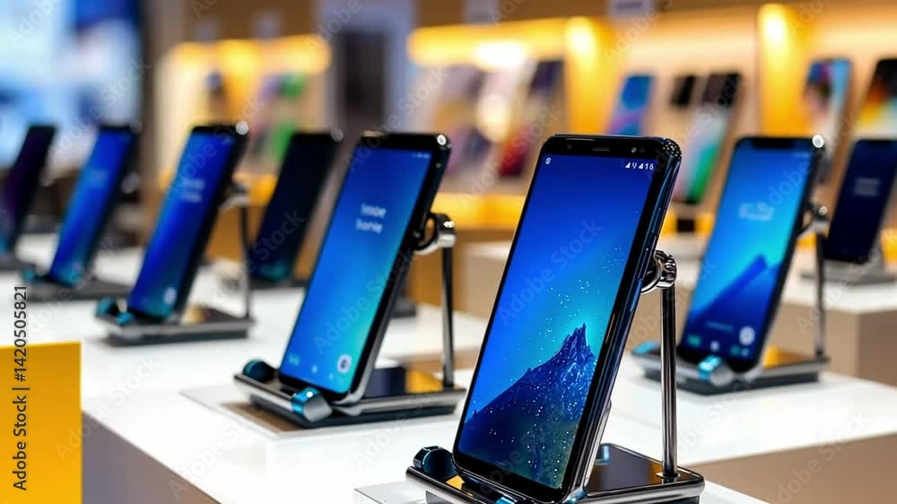 Poster this image features a row of smartphones in a electronics store. each phone is displayed on a stand,