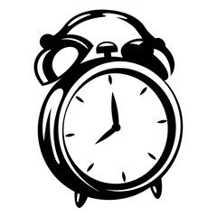 Classic black and white alarm clock illustration showing time approaching eight o'clock