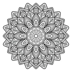 Mandala Design, black and white mandala illustration featuring intricate floral patterns and geometric shapes 4