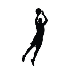 Basketball Player Silhouette Jumping To Shoot Ball In Action