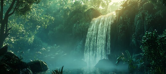 A luminous waterfall hidden deep within the jungle, perfect for branding opportunities