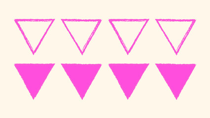 Versatile triangle shape pack. Sketchy hand drawn outlines, grungy paint textures, and pastel crayon doodles. Vector artwork