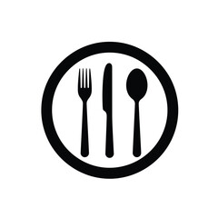 Black And White Cutlery Icon With Fork Knife And Spoon In Circle