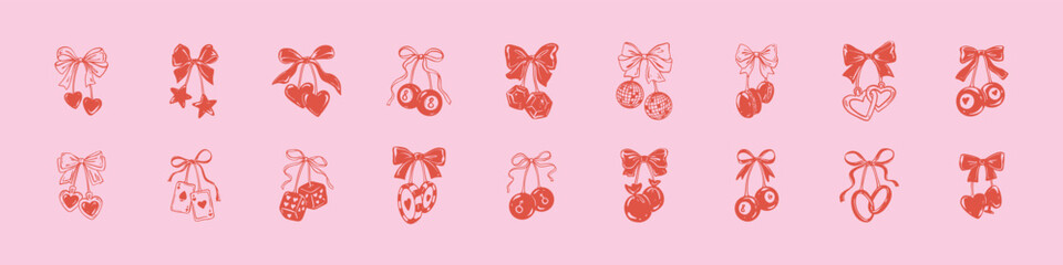 Set of hand drawn doodle cherry style design elements with cute ribbon bows. Linocut casino, wedding, bachelorette party, engagement, valentines day vector illustration. Whimsical girly drawing