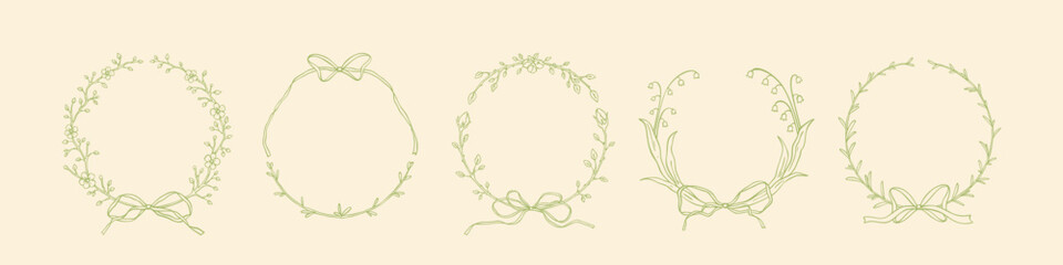 Hand drawn sketch spring floral borders collection. Laurel, lily of the valley, olive, grass, summer flowers filigree victorian style borders. Coquette whimsical girly frames with ribbon bows