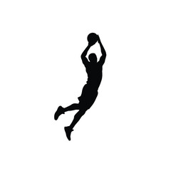 Silhouette Of Basketball Player Jumping To Shoot Ball In Black And White