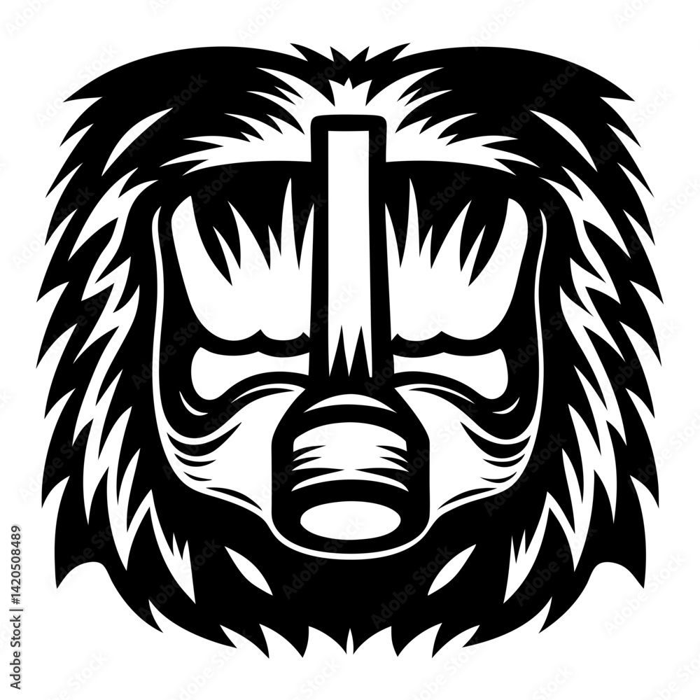 Poster black and white abstract tribal mask with intricate details and sharp lines