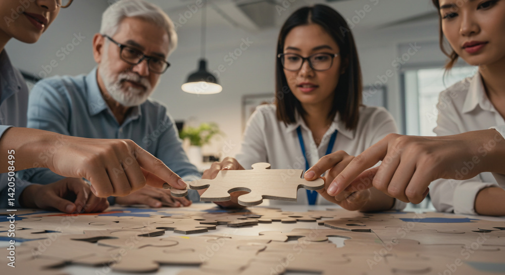 Poster team collaboration solving puzzle together focused teamwork diverse group problem solving office