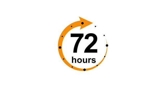 Clock 72 hours icon, isolated on white background with alpha channel ,72 hours service symbol. Delivery service, online deal remaining time website symbols. 4K Video motion graphic arrow orange color 