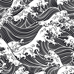 A seamless vector pattern illustration featuring stylized ocean waves in dynamic black and white tones with foamy crests
