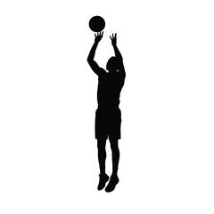 Silhouette Of Basketball Player Jumping To Shoot Ball On White Background