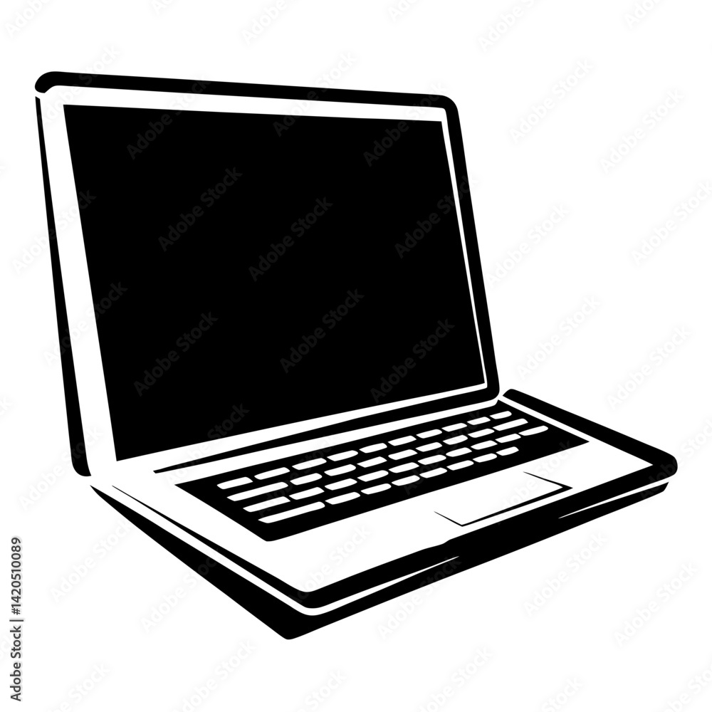 Poster stylized black and white vector illustration of a laptop computer on display