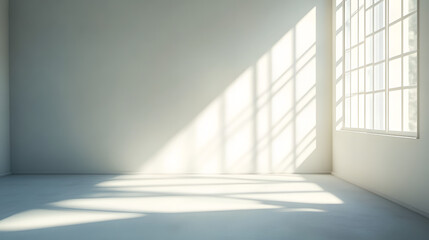 Fototapeta premium A clean, white room with sunlight streaming in through the window, casting shadows on an empty wall