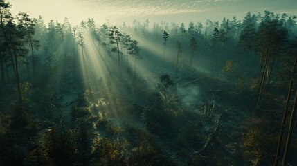 Sunbeams pierce misty forest, aerial view, nature backdrop