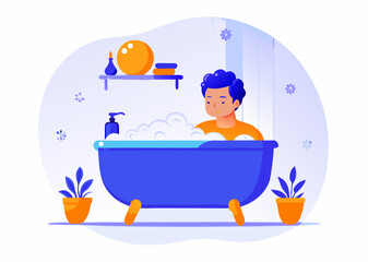 A person taking a relaxing bath image. Cartoon style. Vector illustration.