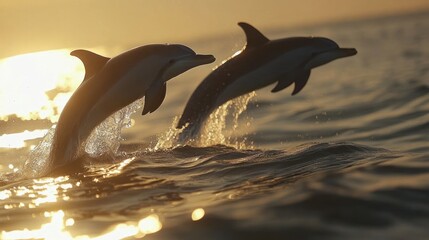 Obraz premium Dolphins leaping at sunset, ocean background, wildlife photography, nature documentary