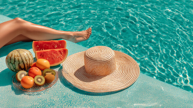 Woman's legs by poolside with summer fruits and straw hat, depicting summer relaxation and vacation mood