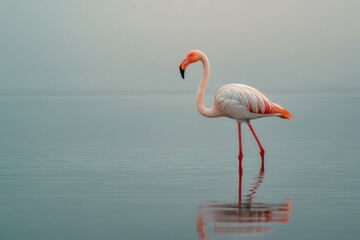 Obraz premium Solitary flamingo standing gracefully in calm water with soft pastel colors reflecting in a serene landscape